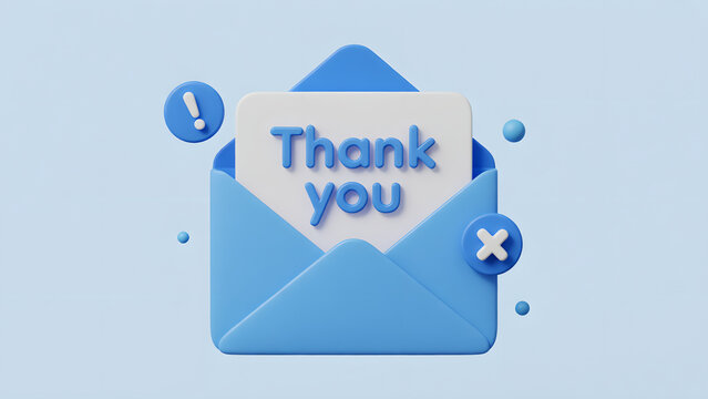 3D Rendered Blue Envelope with Thank You Message for Gratitude and Communication.