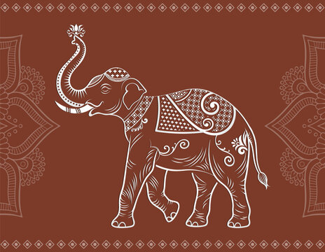 Decorated elephant with trunk up and Indian mandala vector art