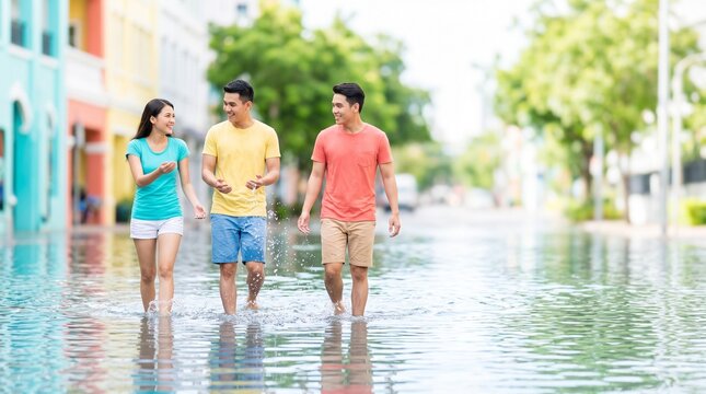People wading through high water while walking in a flooded street  