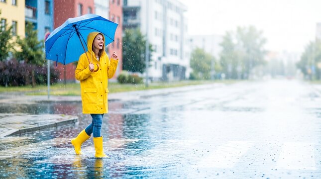 Young woman smiling and holding an umbrella during heavy rain floods  