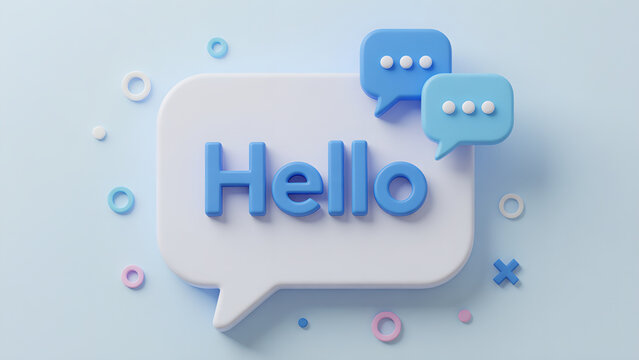 3D Rendered Hello Speech Bubble with Chat Icons and Geometric Shapes.