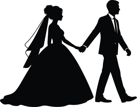Elegant wedding silhouette vector illustration showing bride in gown and groom walking together while holding hands gently