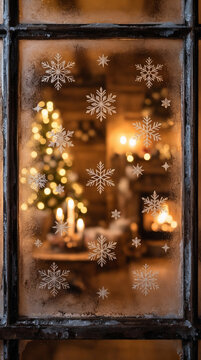 Etched Snowflake Shapes on Frosted Window Glass with Warm Christmas Lights Background