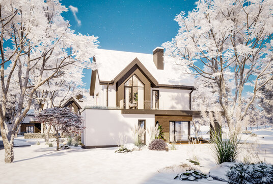 3D render of a modern house exterior in winter. White facade, dark pitched roof, large corner windows, and a pool in a snowy landscape with falling snowflakes