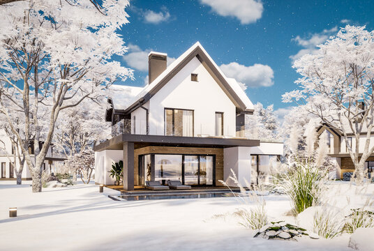 3D render of a modern house exterior in winter. White facade, dark pitched roof, large corner windows, and a pool in a snowy landscape with falling snowflakes