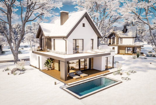 3D render of a modern house exterior in winter. White facade, dark pitched roof, large corner windows, and a pool in a snowy landscape with falling snowflakes
