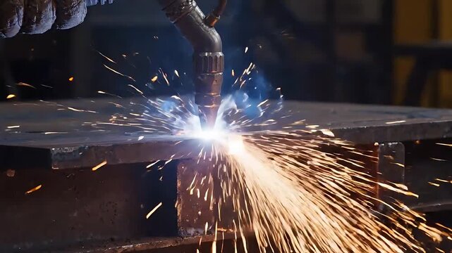 Welding Sparks Erupting From Robotic Arms, Creating Intense Heat and Molten Metal on a Steel Plate. Industrial Process Footage.