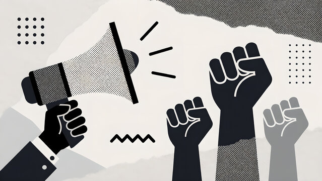 Social Protest and Activism Concept with Megaphone and Raised Fists Illustration.