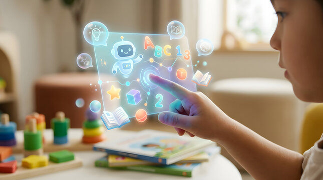 Young Boy Interacting with Interactive AI Hologram for Early Childhood Education Learning