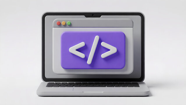 3D Render of Laptop Screen Displaying Code Tag for Web Development and Programming.