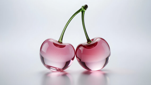 Elegant pair of translucent pink glass cherries with vibrant green stems, beautifully reflecting light.