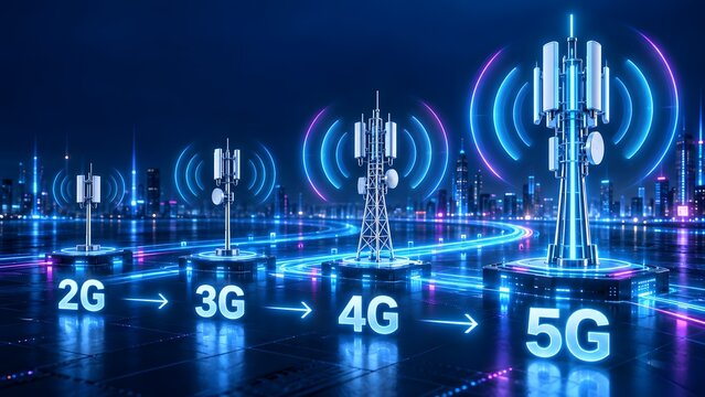 Telecommunication Network Evolution From 2G To 5G With Glowing Cellular Towers In Futuristic Smart City