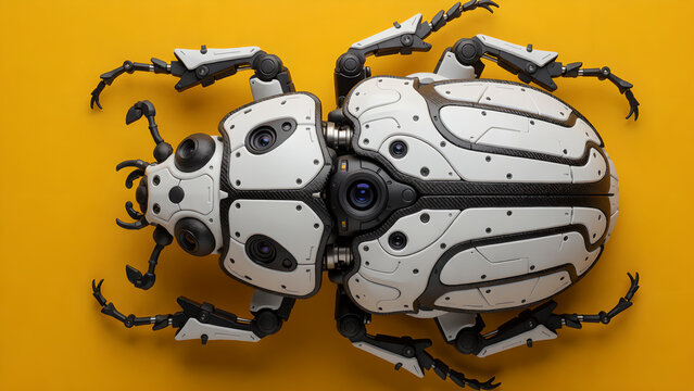 Futuristic Robotic Beetle on Yellow Background Illustrates Technology and Nature Integration.