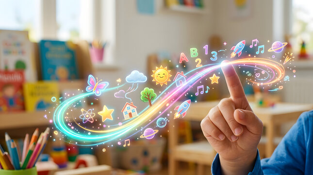 Magical educational light trail with letters and numbers flowing from child finger in classroom