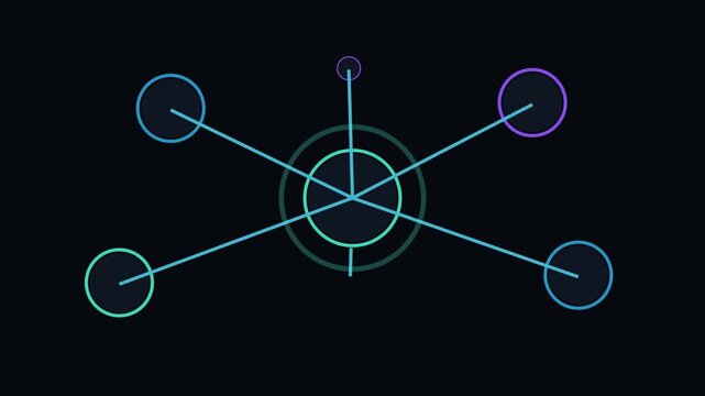 Connected Network Nodes, Cyan Purple Circular Interface, Glowing Data Links, Digital Communication Diagram, Futuristic Technology Motion Background
