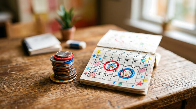 Tilt-shift miniature style of a hand-drawn paper calendar with circled dates, a stack of colorful plastic tokens, and a notebook on a rustic wooden table
