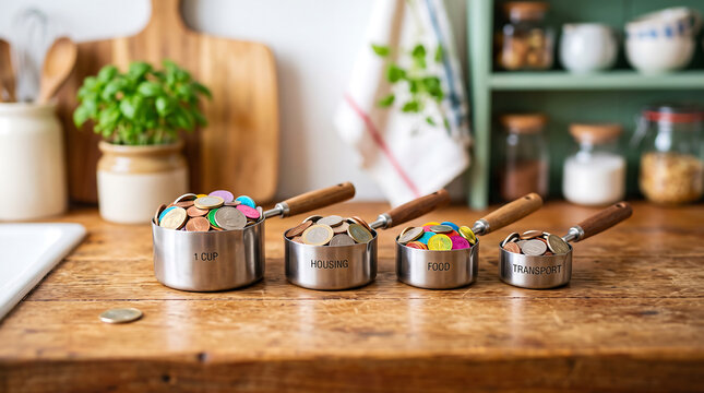 Tilt-shift miniature style of four metal measuring cups filled with assorted coins, labeled for housing, food, and transport, sitting on a rustic wooden kitchen countertop