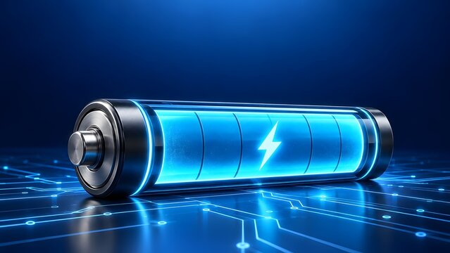 Futuristic lithium ion battery cell with glowing neon charge symbol on digital circuit board background