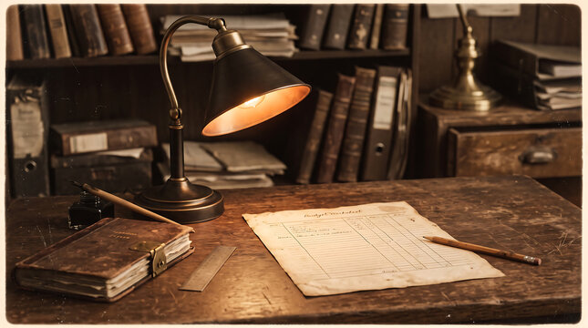 Vintage desk lamp with a warm glowing bulb illuminating a wooden table, old ledger, and handwritten documents in a library study