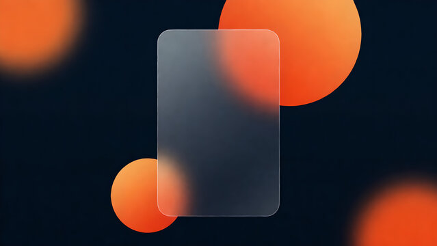 Modern Translucent Glassmorphism Blank Card on Dark Background with Abstract Orange Shapes.