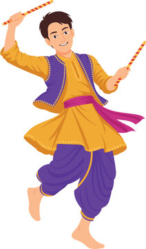 Indian Male Character Performing Dandiya Garba Dance In Navratri Festival Wearing Traditional Attire