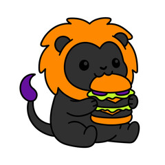 Fototapeta premium Kawaii black lion character sitting and eating a large cheeseburger