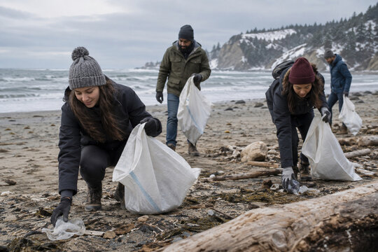 Multiethnic group of adult volunteers collecting litter along a chilly