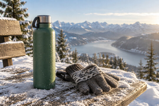 An insulated reusable water bottle and wool gloves on a snowy hiking