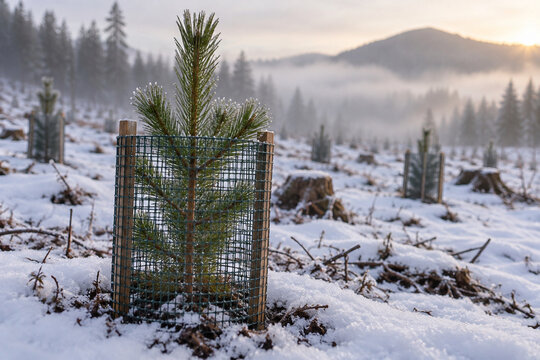 Close-up of a pine sapling protected by a mesh guard in winter