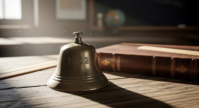 Vintage bronze school bell resting on a rustic wooden desk with aged leather book in soft sunlight