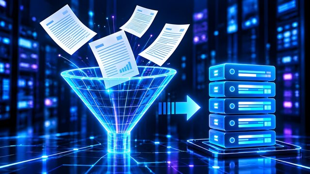 Digital Data Processing Funnel Converting Paper Documents Into Cloud Server Storage System