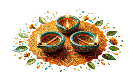 Fototapeta premium Colorful Diwali candles on a decorative plate with flowers and leaves, PNG with transparent background