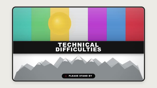 Stripes yellow sun technical difficulties text mountains screen please stand by. Suitable for technologythemed designs, social media, and website banners.
