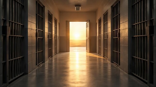 Bright sunrise shining through open door at end of prison corridor with metal cell bars lining both sides