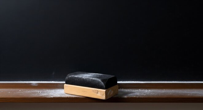 Blackboard eraser resting on a dusty wooden shelf against a clean dark chalkboard surface with soft lighting