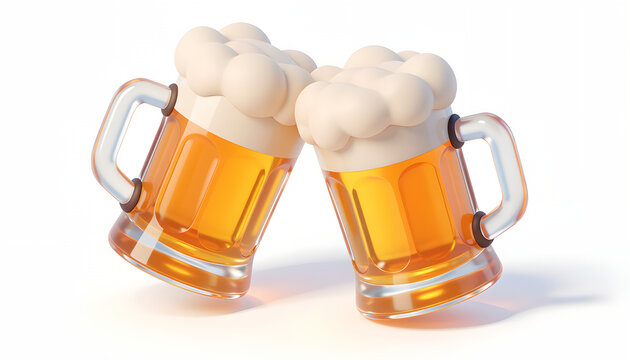Two Frothy Beer Mugs Clinking Together in a Festive Celebration Toast.