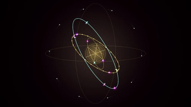 Abstract glowing atomic structure with orbiting particles in dark digital space