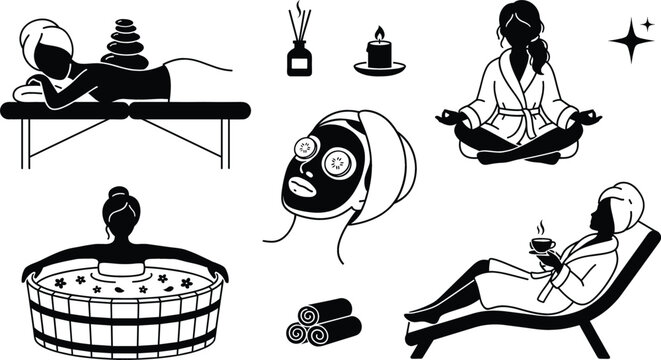 Spa day wellness black silhouette vector icons collection depicting women relaxation and beauty selfcare