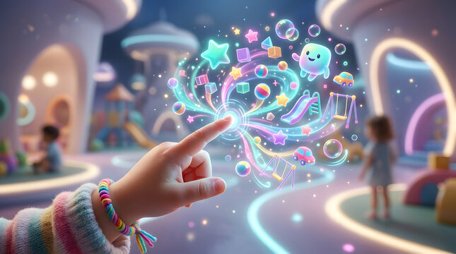 A child's hand creating a magical explosion of colorful stars and playful shapes on a blurry playground background