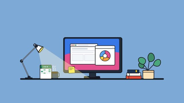 Modern Workplace Desk Animation with Computer Monitor, Lamp, and Office Elements in Flat 2D Style