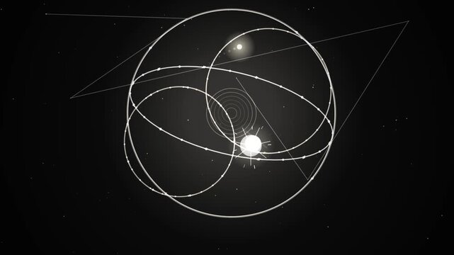 Abstract cosmic orbit system with glowing spheres and geometric lines on black background