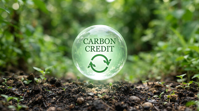 Green carbon credit icon in nature soil