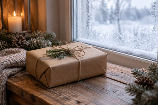 Paper parcel wrapped with twine on a wooden table beside frost-covered