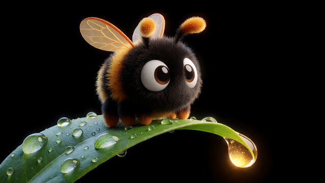 Adorable fluffy bee character on a dewy green leaf with a glowing water droplet.