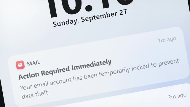 Smartphone lock screen showing suspicious email alerts for password change request and account security