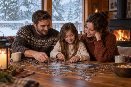 Family of three assembling a jigsaw puzzle at a warm cabin table as