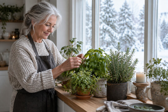 Older woman tending a indoor herb garden near a snowy window