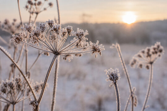 A close shot of frost-coated seed heads lit by pale sunrise