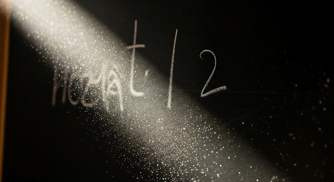 Handwritten chalk text on a dark blackboard illuminated by a dramatic single beam of bright sunlight
