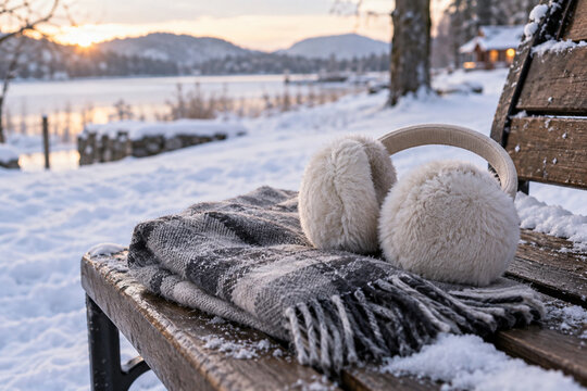 A pair of earmuffs and a folded wool scarf on a snowy bench